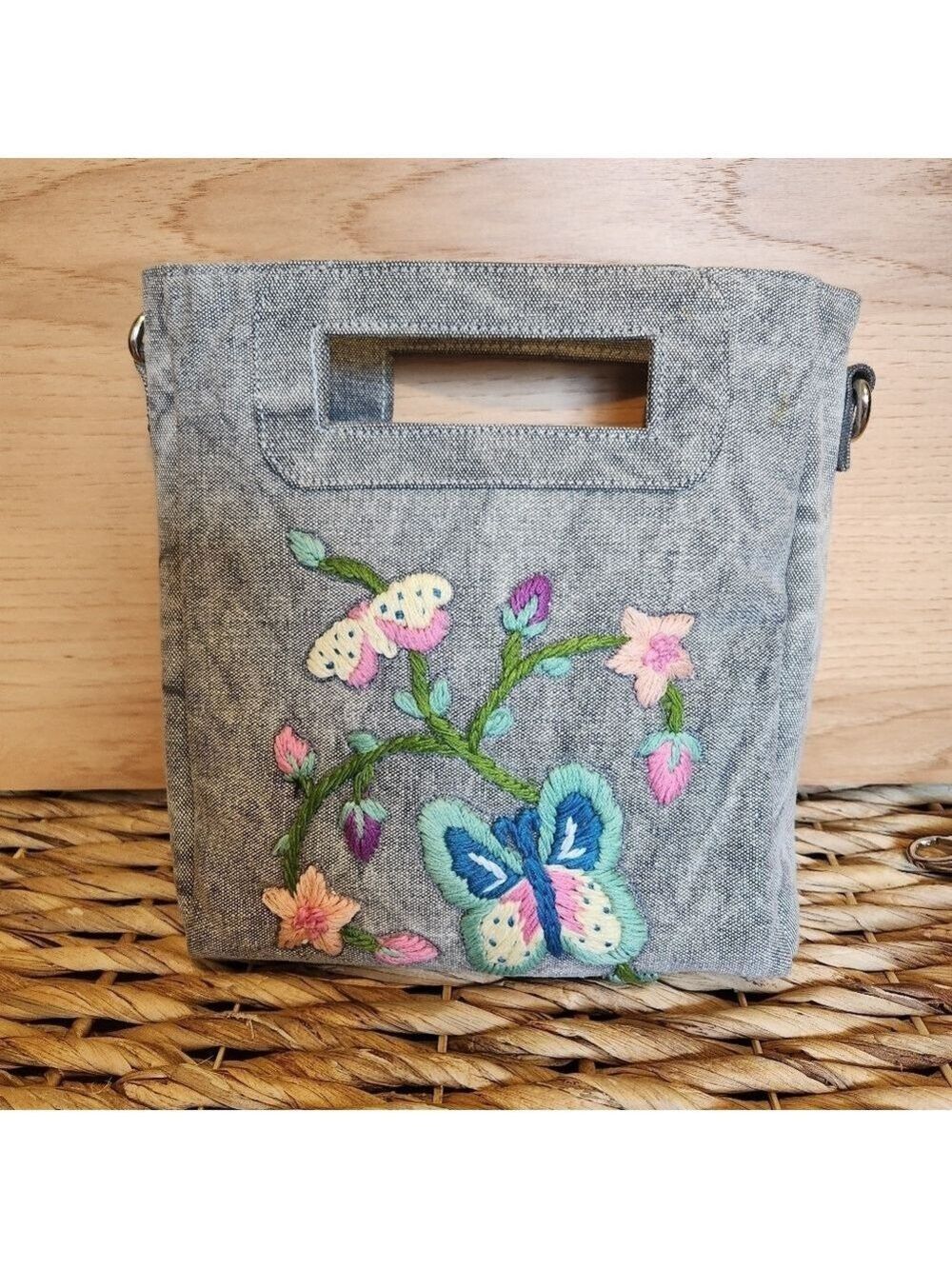 RAJ ANTHROPOLOGIE EMBROIDERED CROSSBODY SHOULDER REMOVABLE GRAY DENIM BAG NWOT - Picture 11 of 13